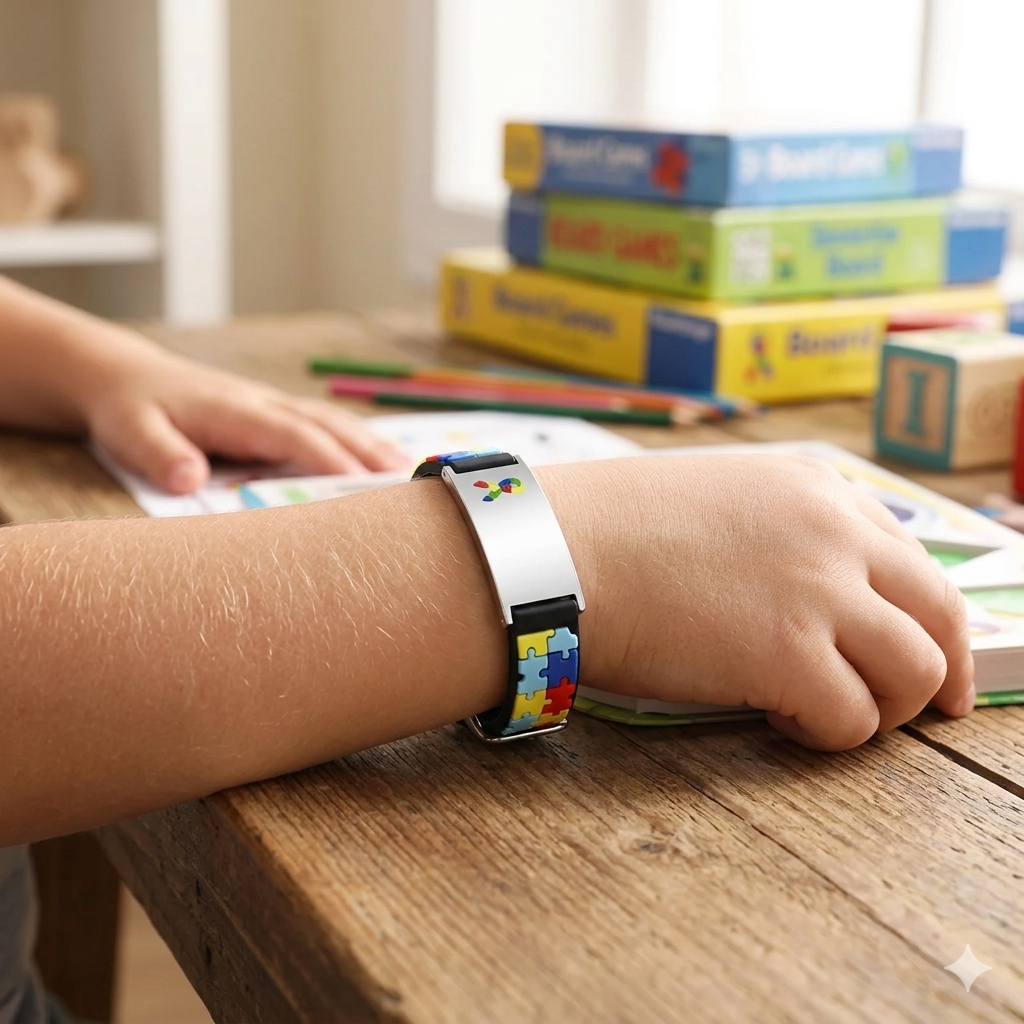 Pulseira de segurança para autismo Zem Kids, ajustável, preta, com identificação de conscientização e prevenção de perdas para crianças.