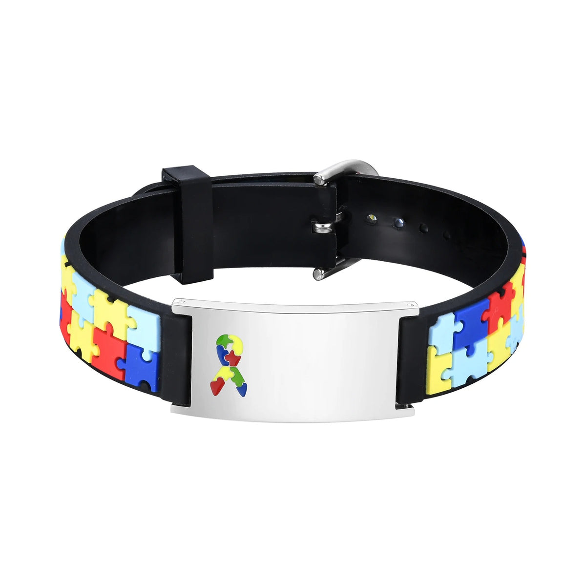 Pulseira autismo ajustável da Zem Kids, com identificação de segurança e conscientização, em material hipoalergênico preto.