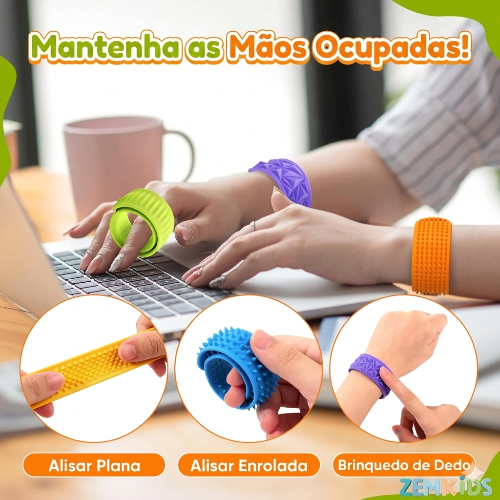 Kit com 6 pulseiras sensoriais Slap da Zem Kids, brinquedos de silicone texturizado para autismo, TDAH e regulação tátil.