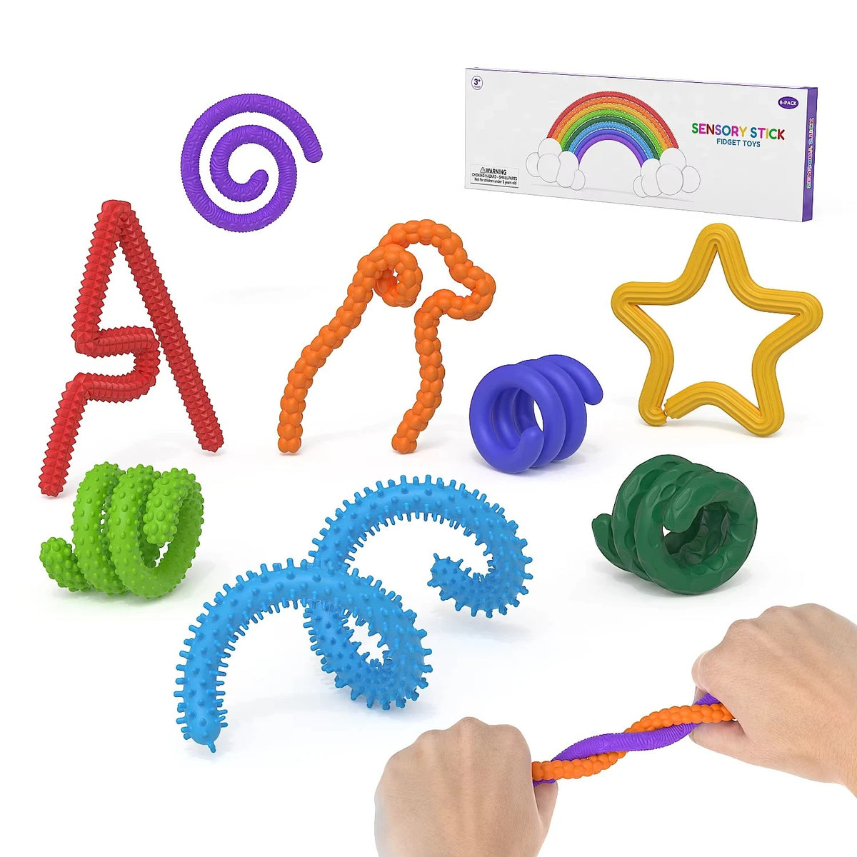 Kit de 8 varetas sensoriais Zem Kids para alívio de ansiedade, estresse e skin picking, com textura ASMR para estimulação sensorial.