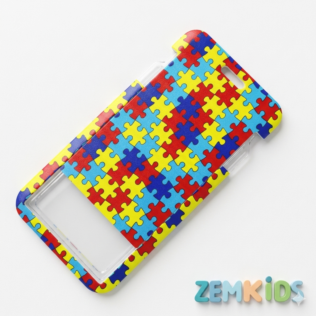 Suporte rígido transparente para cartão de identificação de autismo, com tema quebra-cabeça, da marca Zem Kids.