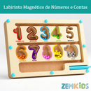 Tabuleiro magnético de madeira Zem Kids com labirinto educativo para treino de foco, contagem e alfabetização numérica.