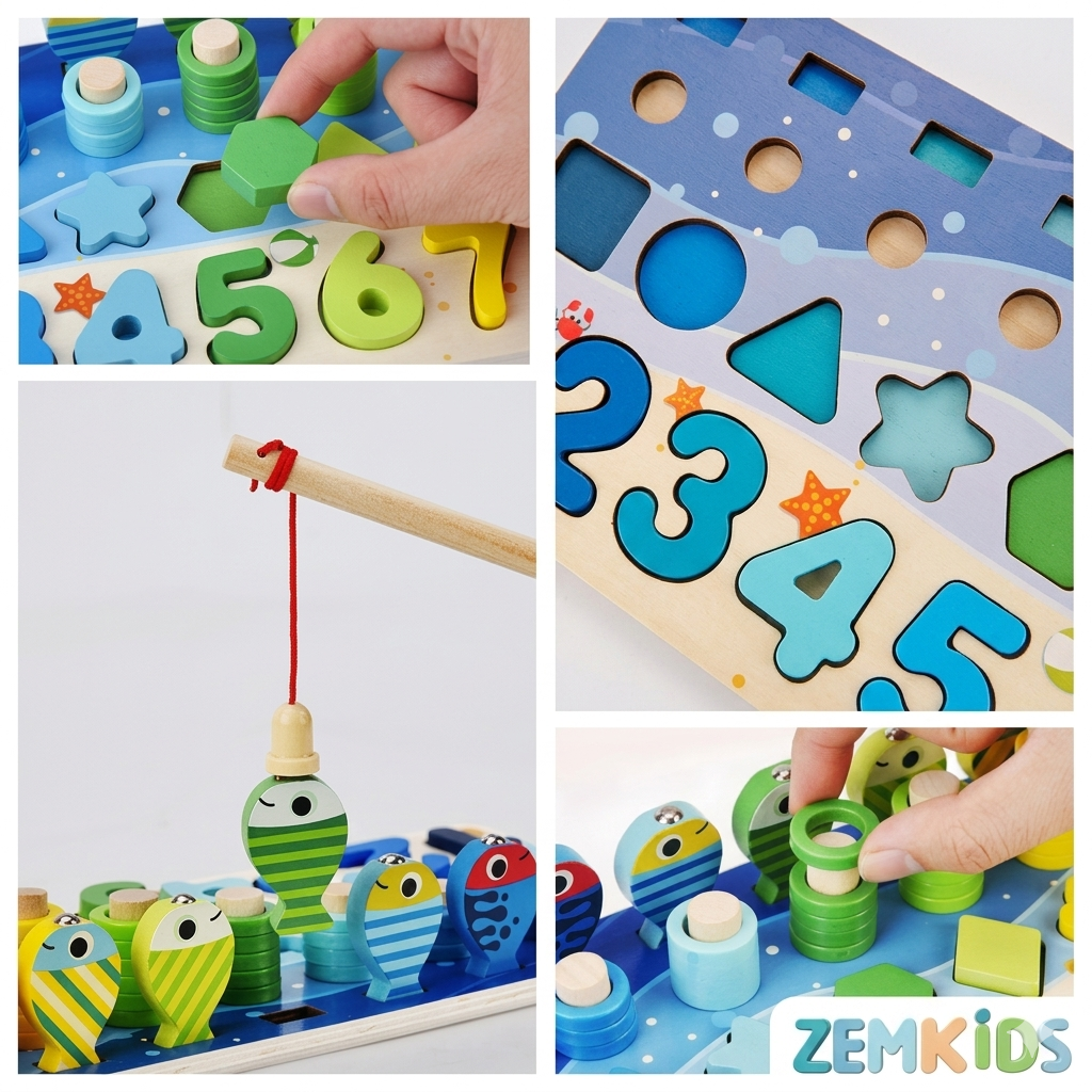 Tabuleiro Montessori Zem Kids 5 em 1 com pescaria, números e formas em madeira para aprendizado lúdico e educativo