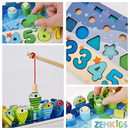 Tabuleiro Montessori Zem Kids 5 em 1 com pescaria, números e formas em madeira para aprendizado lúdico e educativo