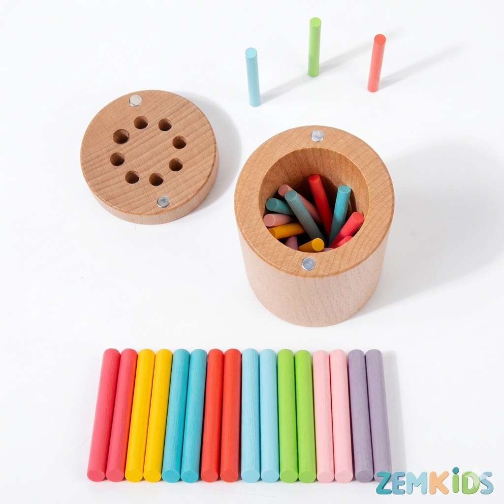 Brinquedo Montessori de Madeira Zem Kids, kit de classificação de cores e formas geométricas para crianças.